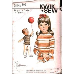 Vintage 1972 Kwik Sew 306 Boys Girls T-Shirt Sewing Pattern Kids Size 2 4 6 70s
